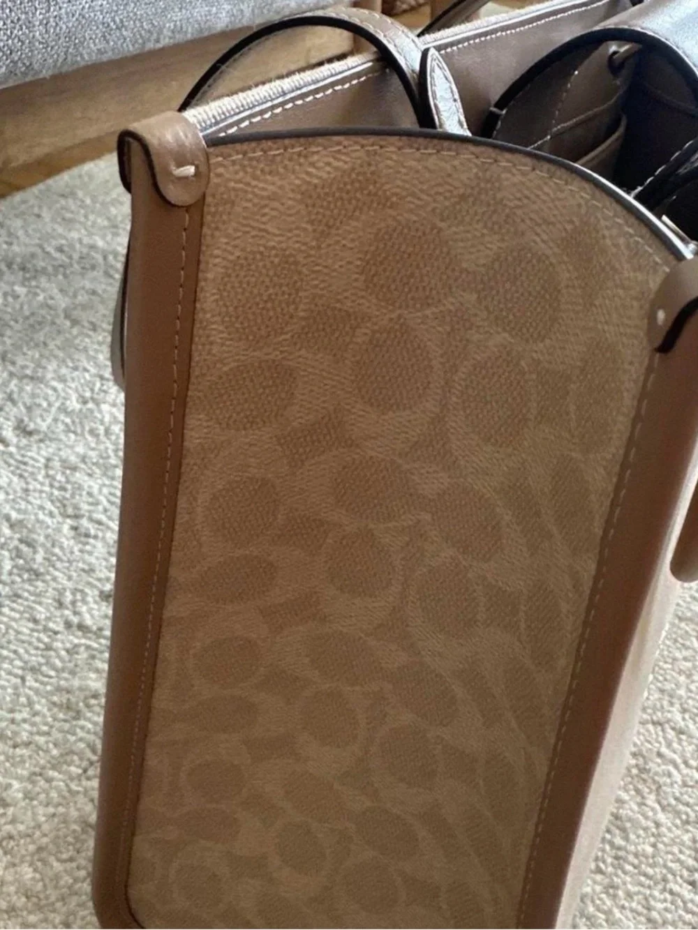 Coach Beige Canvas Tote with Tan Leather Trim and Gold Hardware